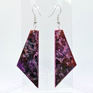 Handmade Earrings - Abstract Pink & Purple - Paper & Acrylic Paint on Wood